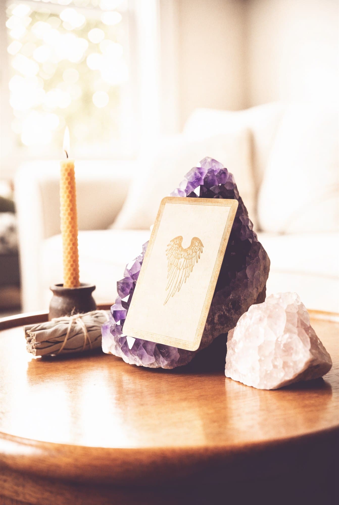 An angel oracle card resting against an amethyst cluster with rose quartz, sage and a beeswax candle