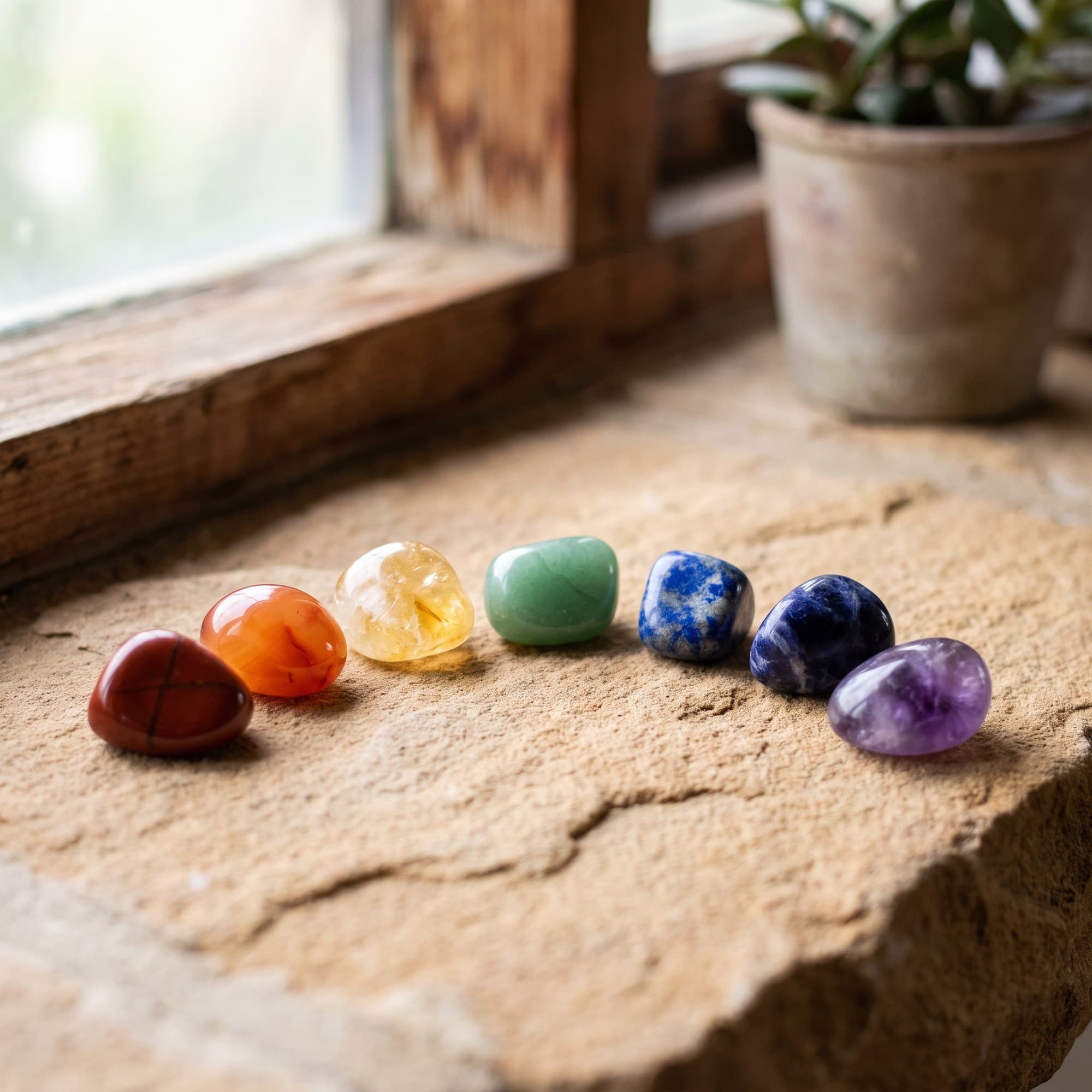 Crystals and chakra stones arranged by color