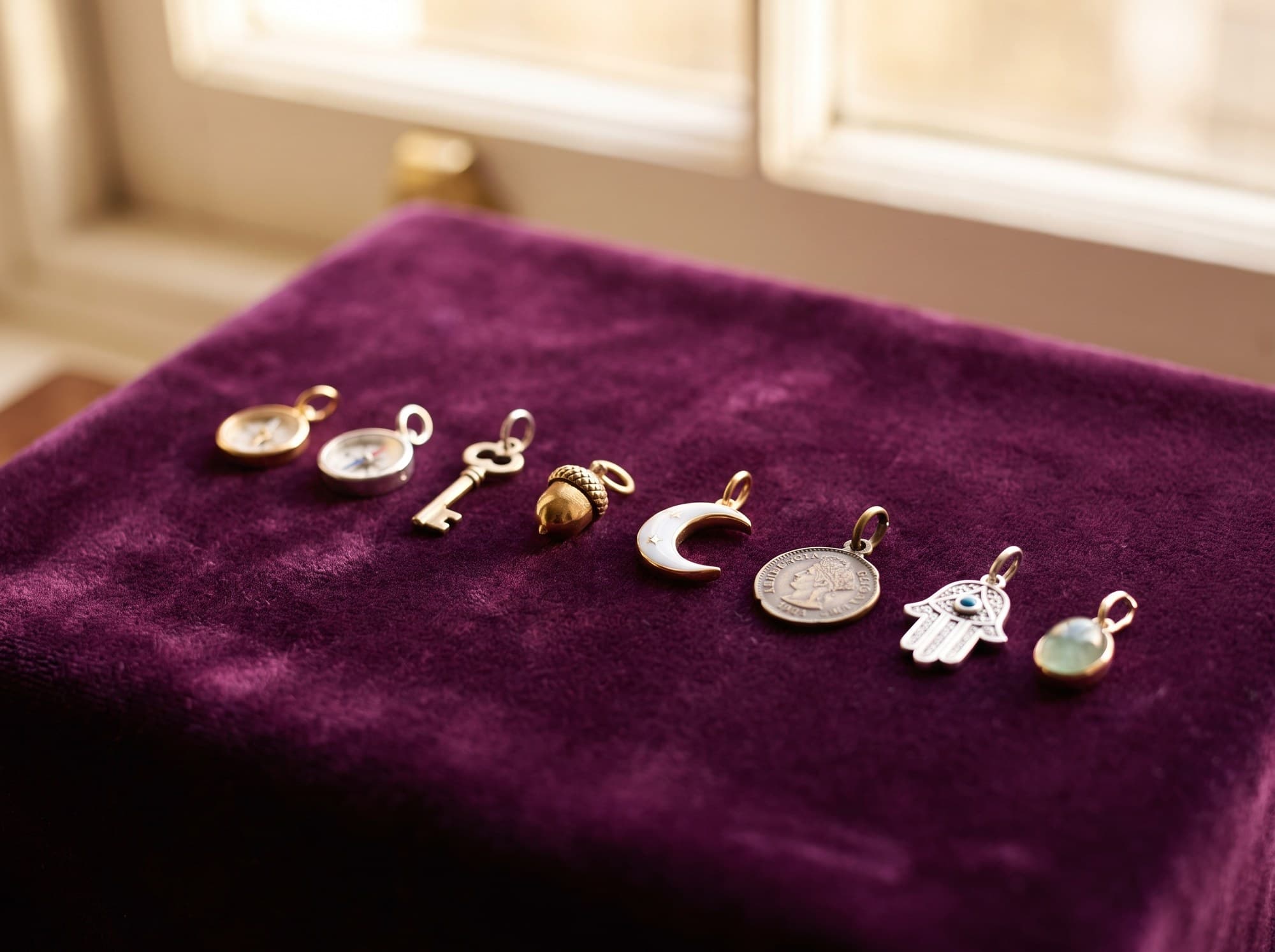 A collection of small charms laid out on fabric