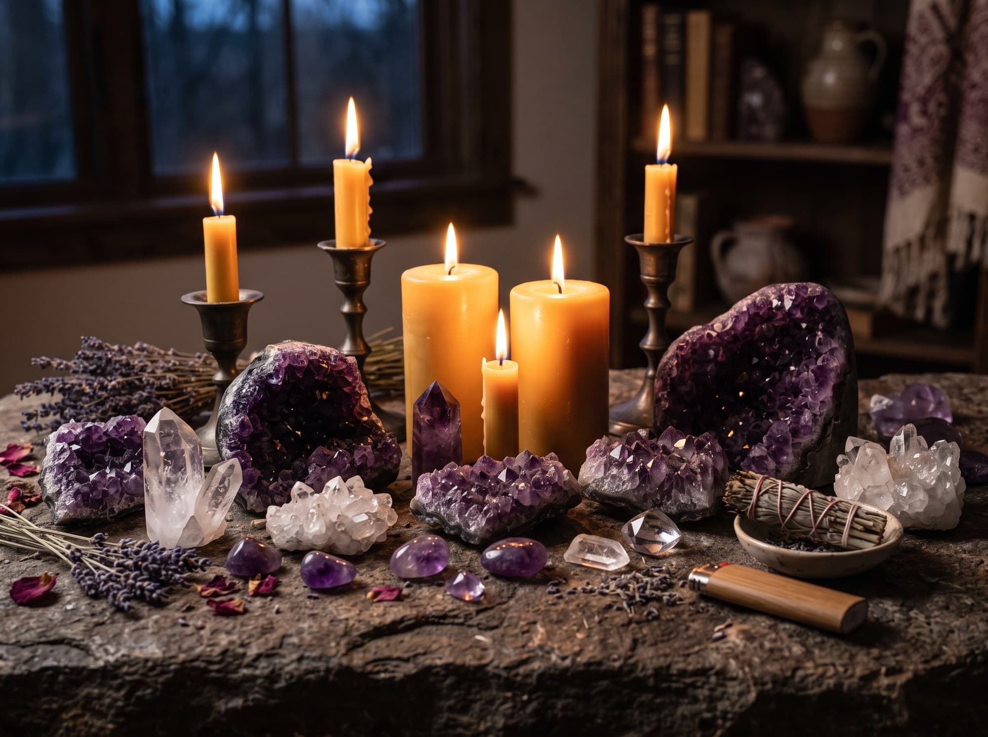 Candles and crystals arranged for a spiritual cleansing session