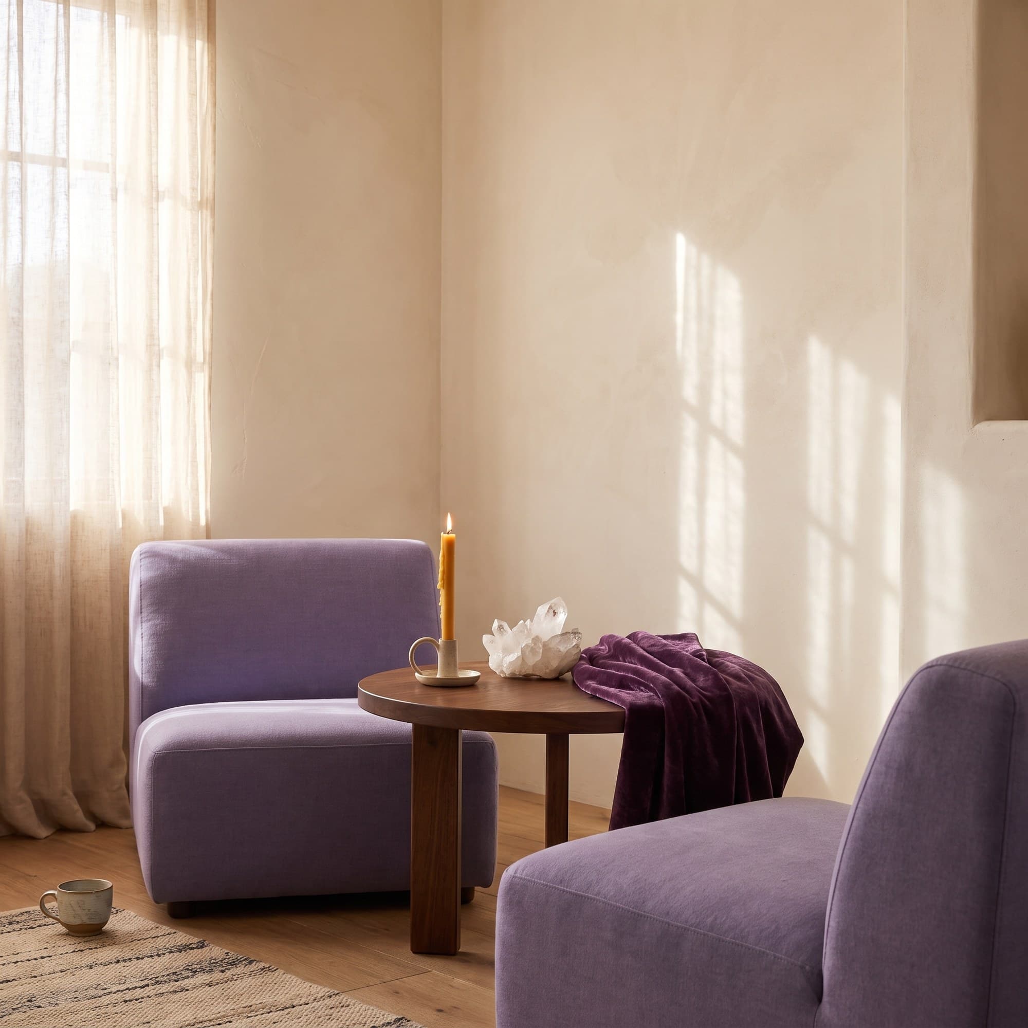 A warm, softly lit session space with two facing chairs, a candle and a quartz cluster