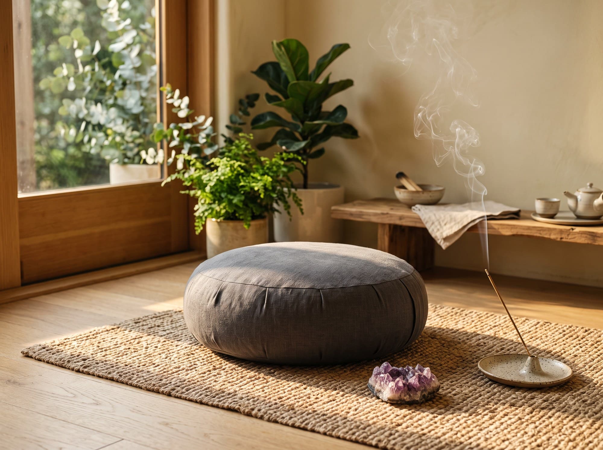 Soft natural light falling across a meditation setting