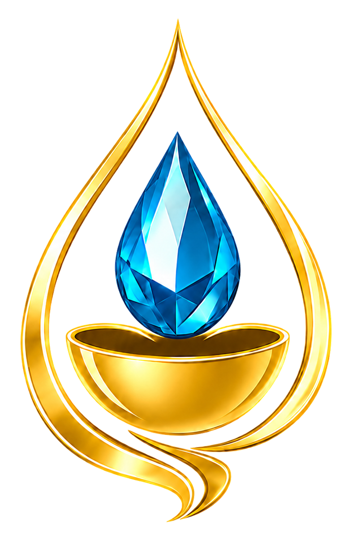 The Sip Of Refreshment mark: a faceted blue gem droplet above a golden chalice, ringed by a golden teardrop