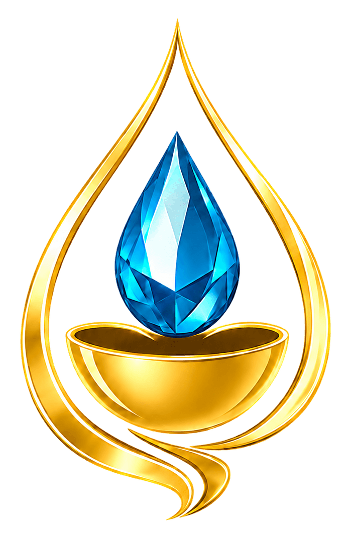 The Sip Of Refreshment mark: a faceted blue gem droplet above a golden chalice, ringed by a golden teardrop