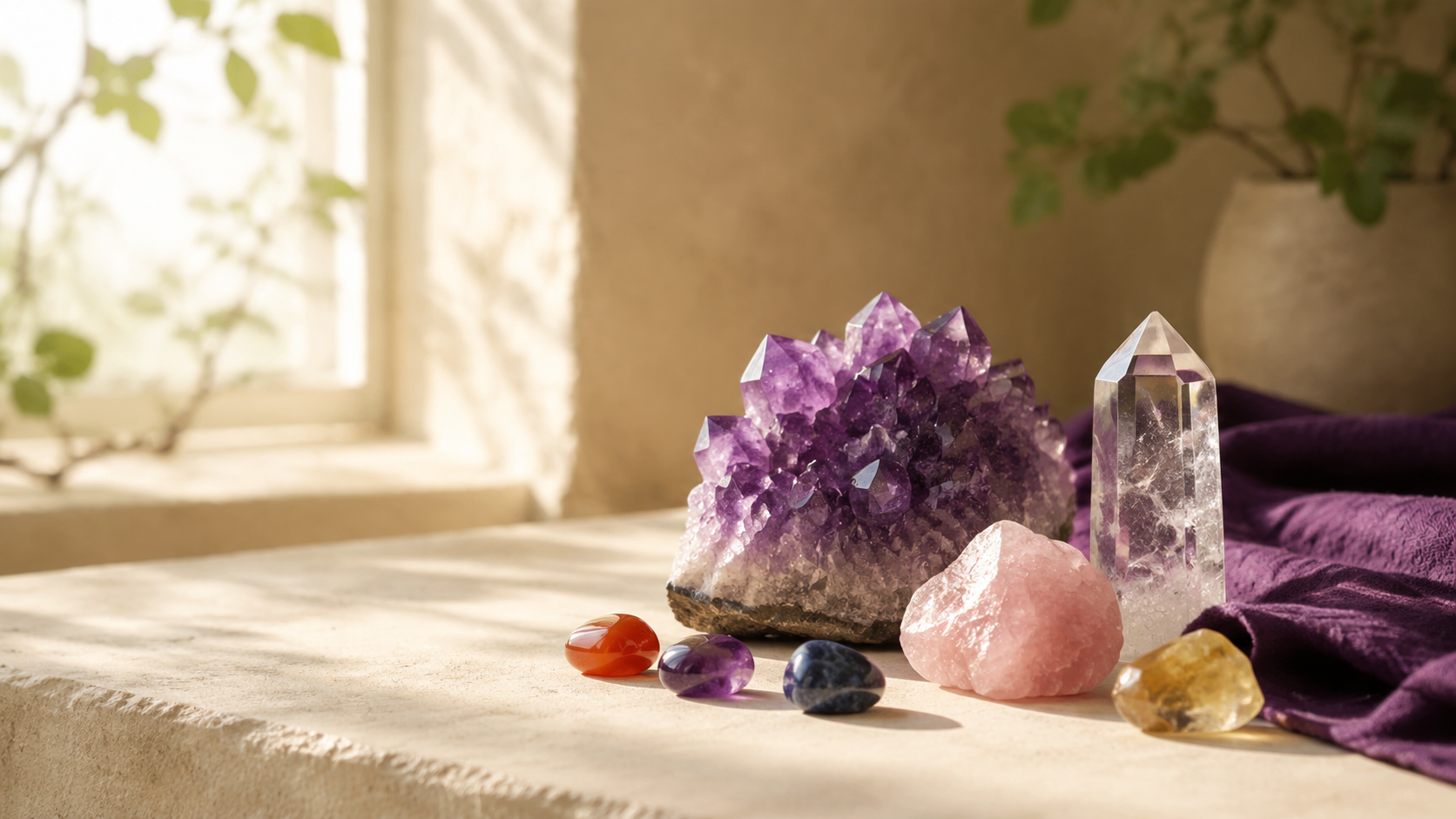 Amethyst, rose quartz, and other crystals arranged on a sunlit windowsill